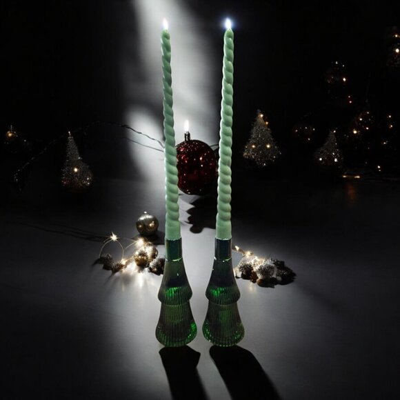 Christmas Tree Tapered Candle Holders - Set of 2 - Forest Green Glass - Picture 5 of 5